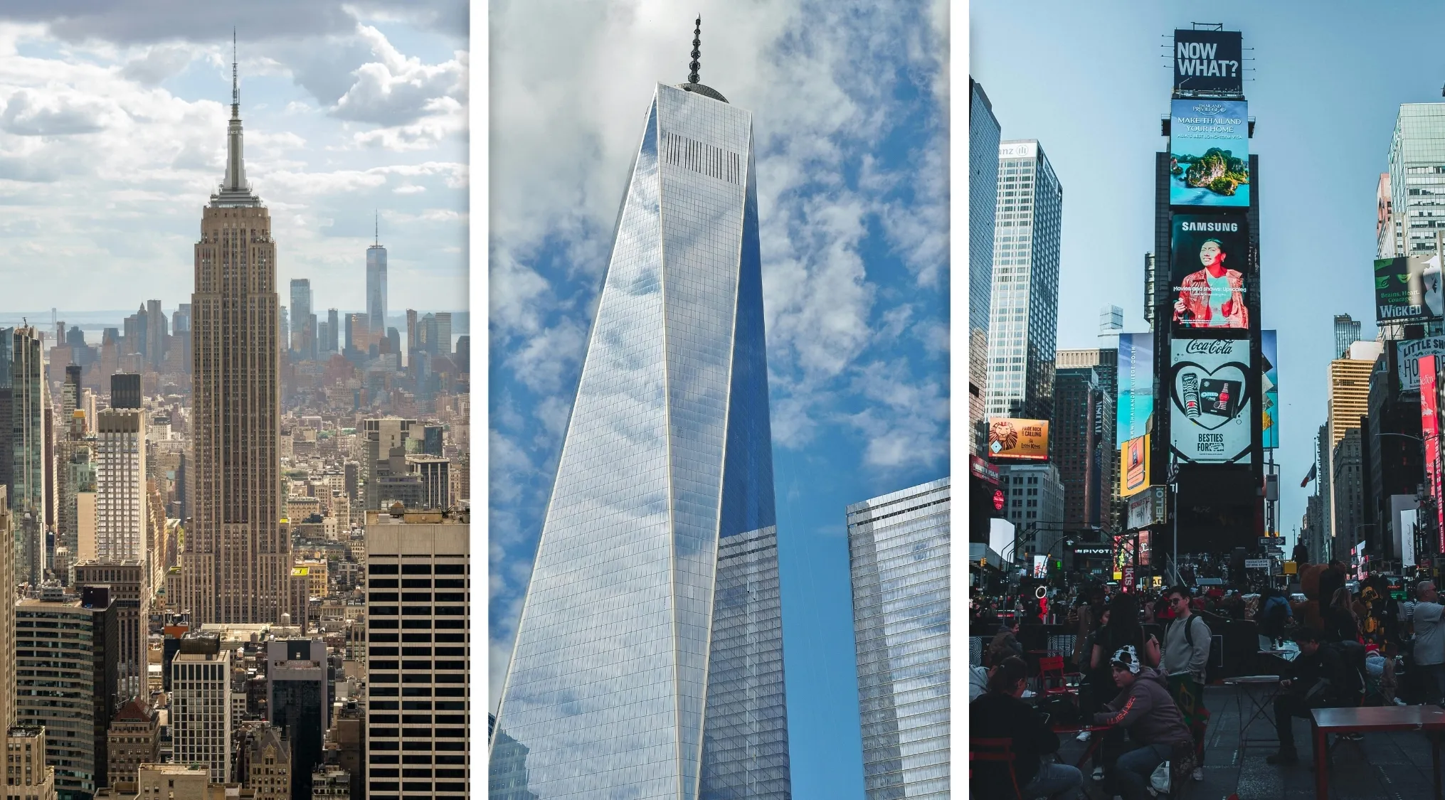 Famous New York City landmarks including Empire State Building, One World Trade Center, and Times Square in a geography edition quiz.