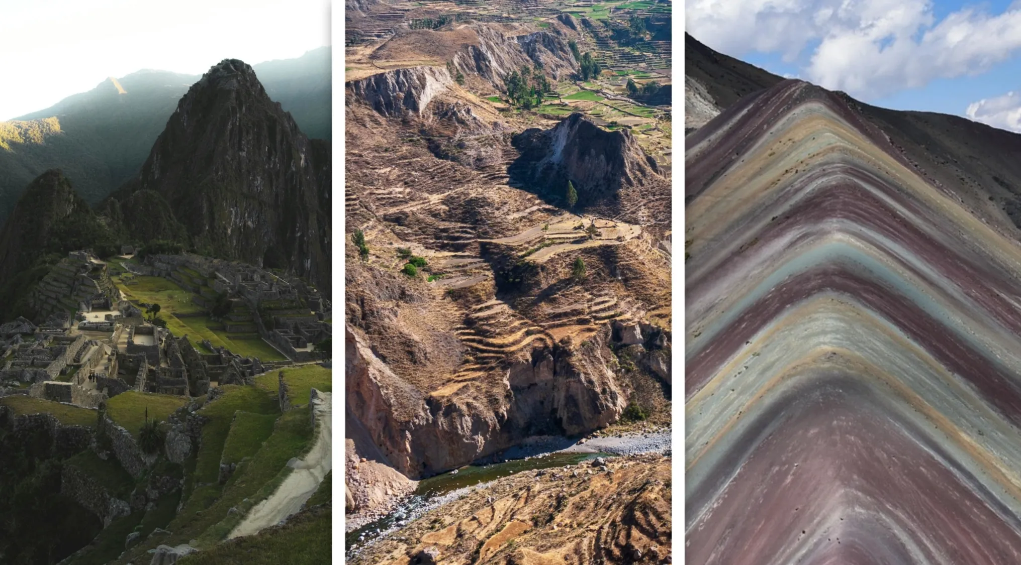 Aerial view of Machu Picchu, Colca Canyon, and the colorful layers of Rainbow Mountain in geography connection.