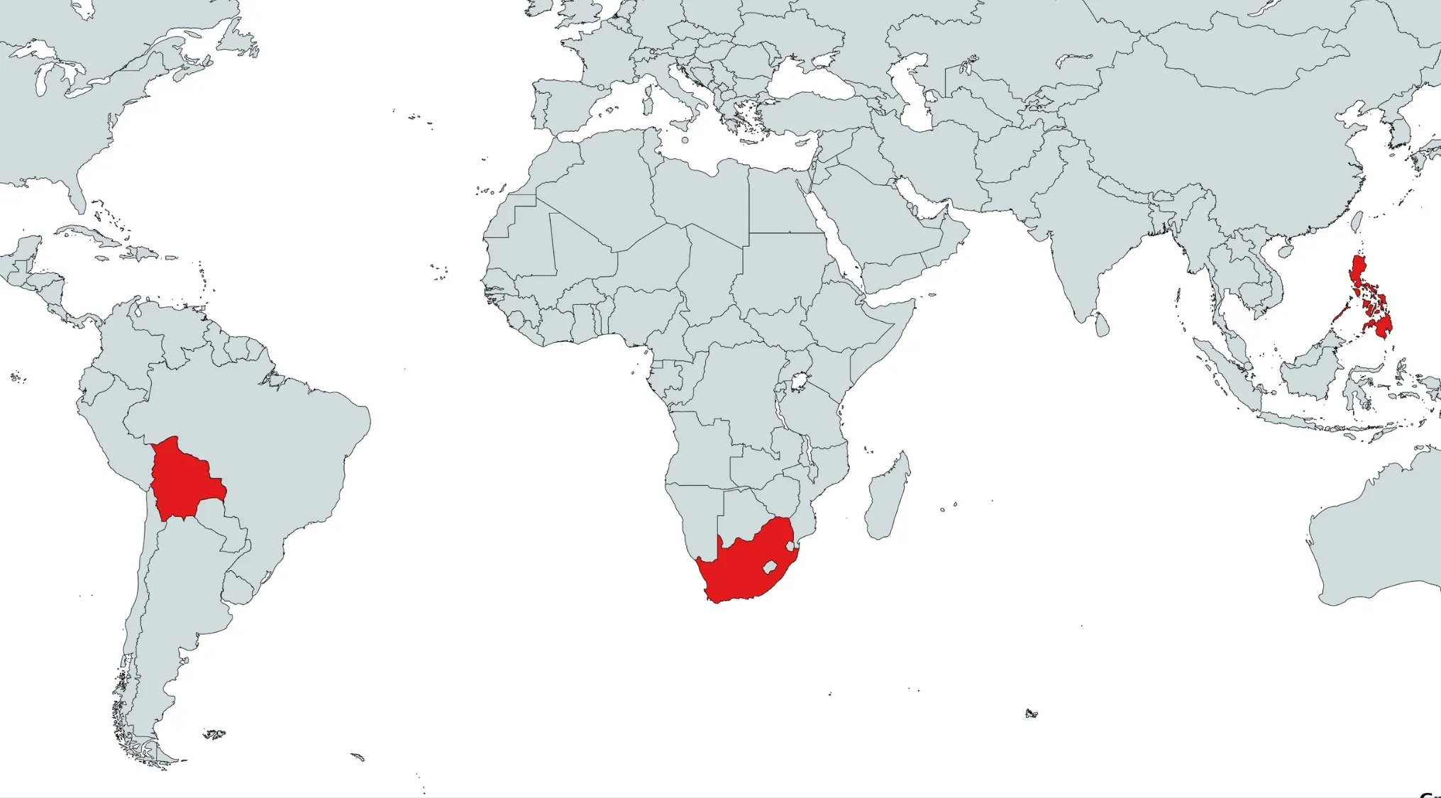 World map highlighting Bolivia, South Africa, and the Philippines in red for Guess The Connection Geography Edition.