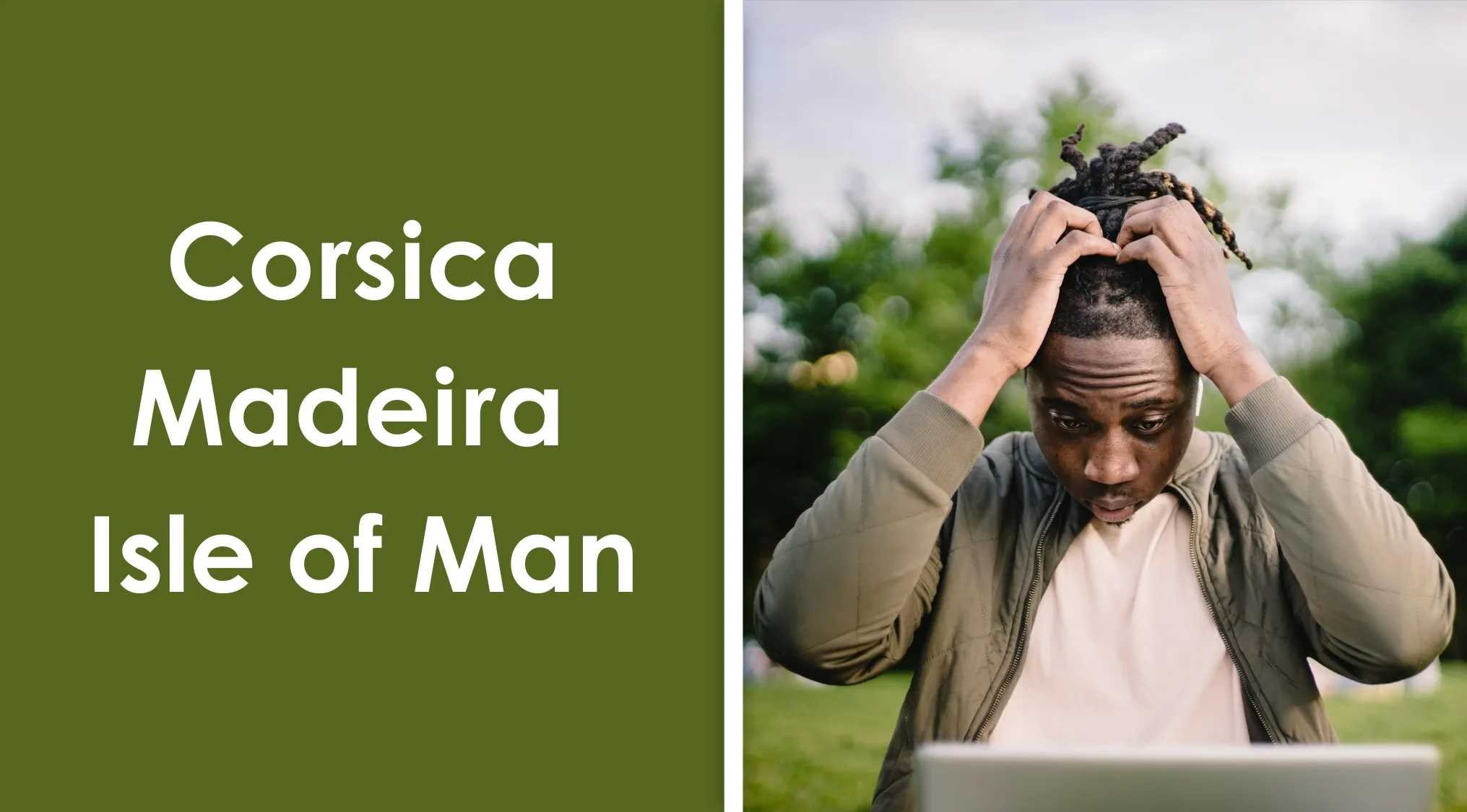 Man with braided hair looking stressed while using a laptop outdoors, related to geography edition guess the connection.