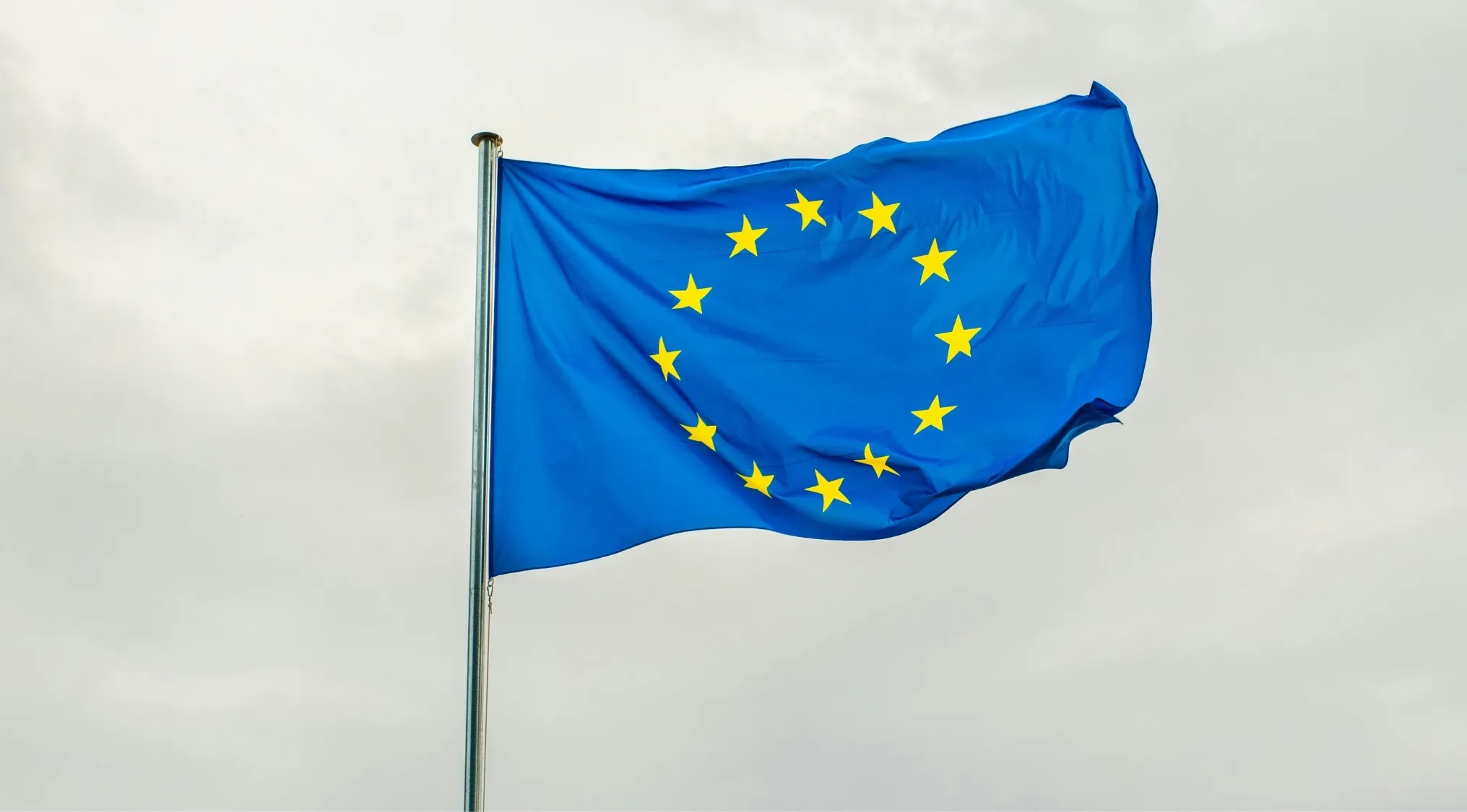 European Union flag waving on a flagpole against a cloudy sky, representing EU member countries in geography.
