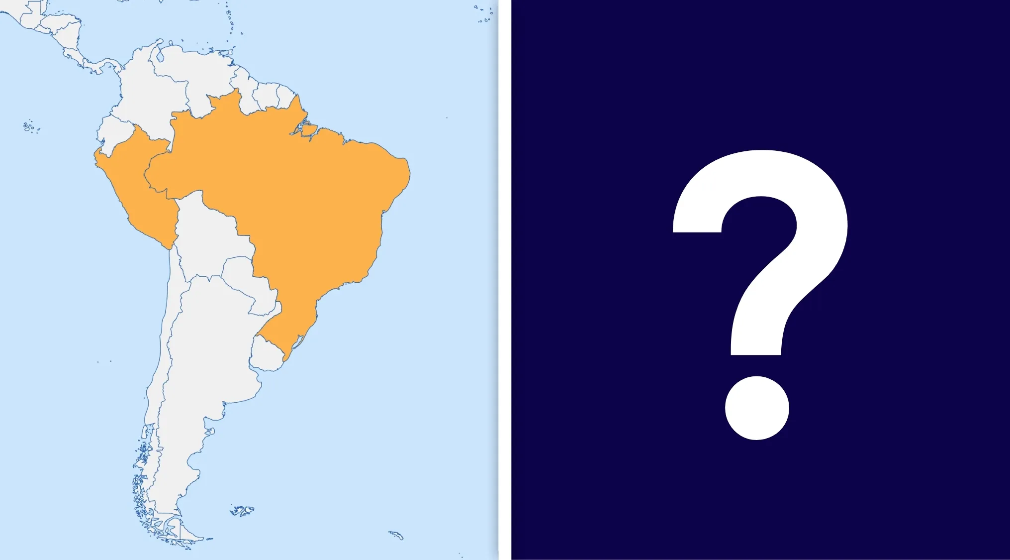 Map of South America highlighting countries in orange for a geography edition quiz guessing their connection.