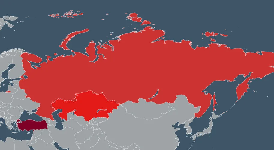 Map highlighting countries in red across Northern Eurasia, used for a geography edition guessing the connection quiz.