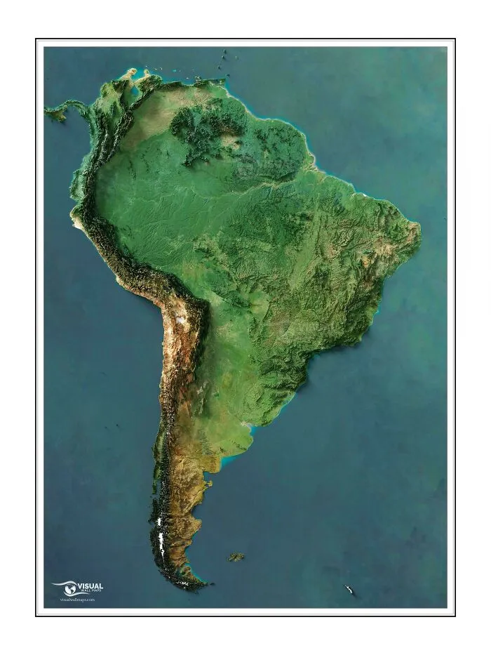 A detailed 3D relief map of South America displaying the continent's diverse geography