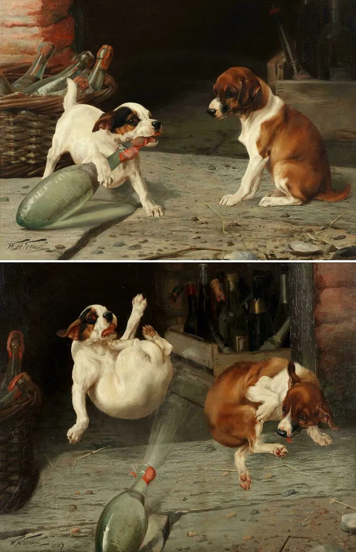 Oil painting of two dogs playing with a corked bottle, representing artwork among historical finds.