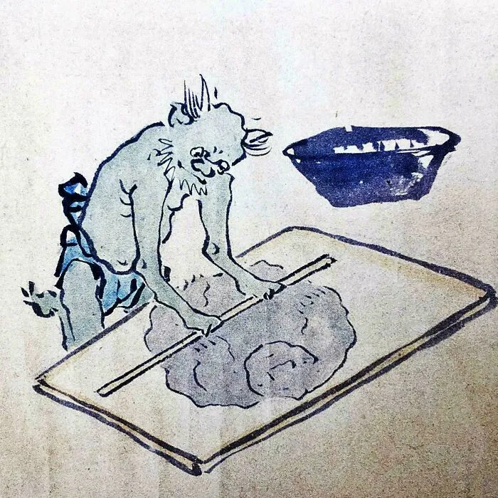 Ancient Japanese illustration of a demon rolling dough, representing fascinating historical finds