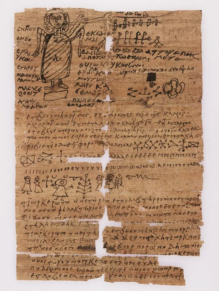 Ancient Egyptian papyrus scroll with Greek script and illustrations, showcasing unique historical finds.