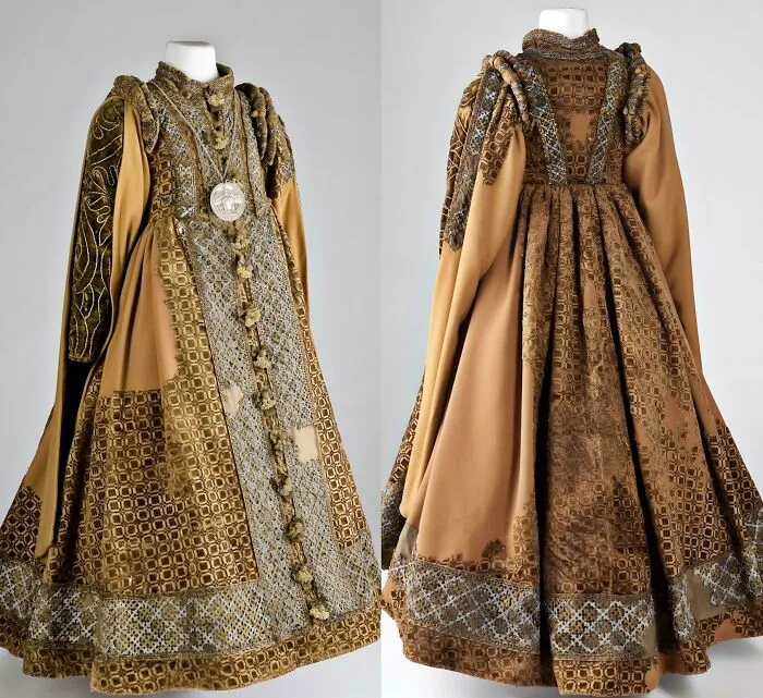 Front and back view of an ornate historical dress displayed on mannequins, one of many historical finds.