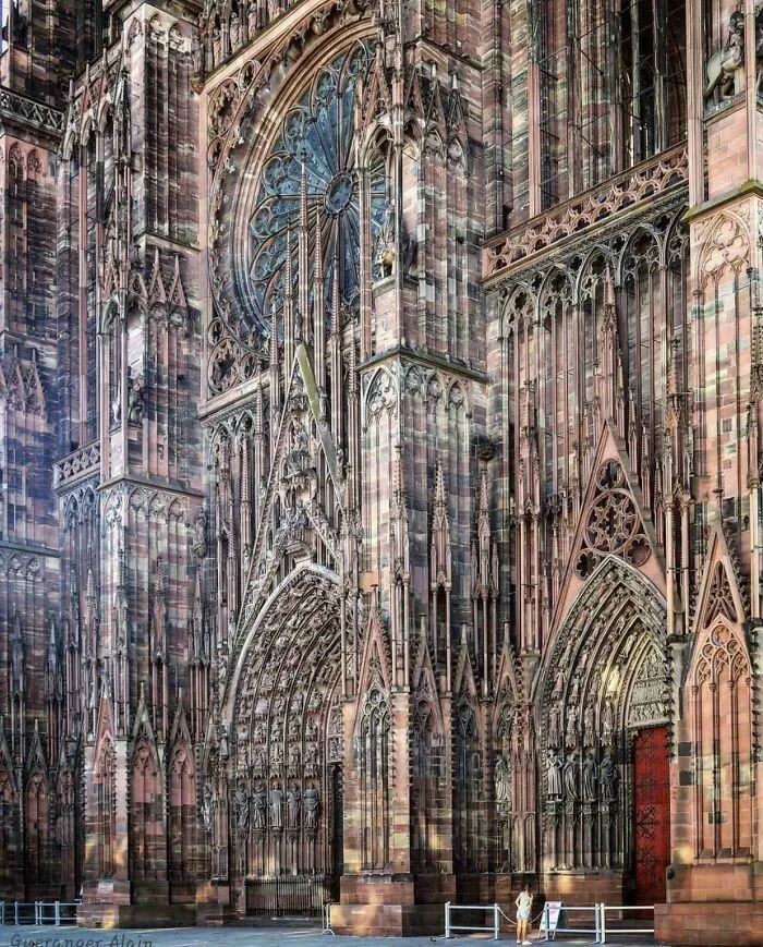 Intricate Gothic cathedral facade with detailed stone carvings, an amazing historical find.