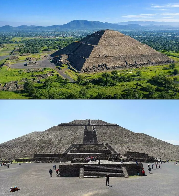Aerial and front views of an ancient stone pyramid, part of remarkable historical finds.