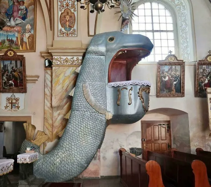 A unique church pulpit shaped like a large fish mouth among interesting historical finds.