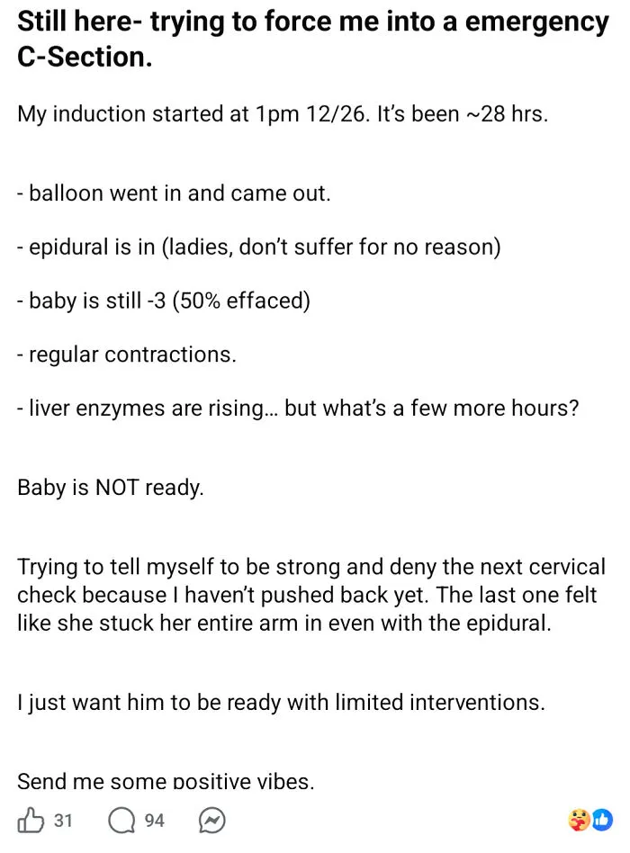 Mom resisting emergency C-section and sharing childbirth update online