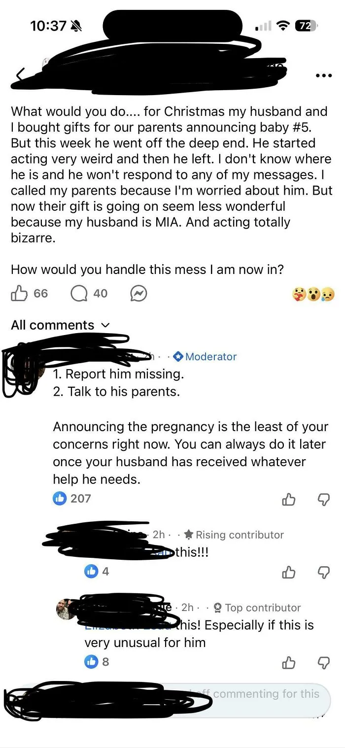 Message about husband acting strangely after pregnancy announcement and advice from others