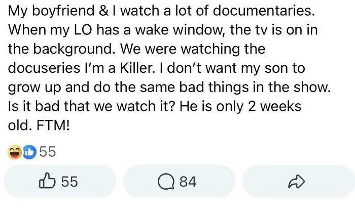 Parent watching crime documentaries while newborn sleeps during wake window