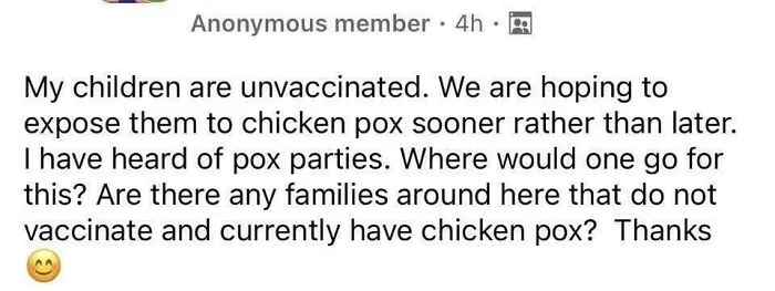 Parent asking about unvaccinated children exposed to chicken pox for pox parties