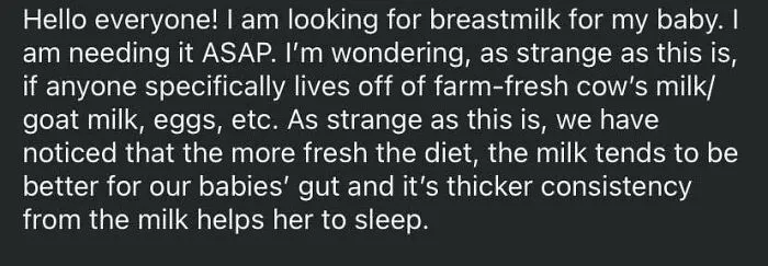 Request for breastmilk and observations on effects of fresh milk diets