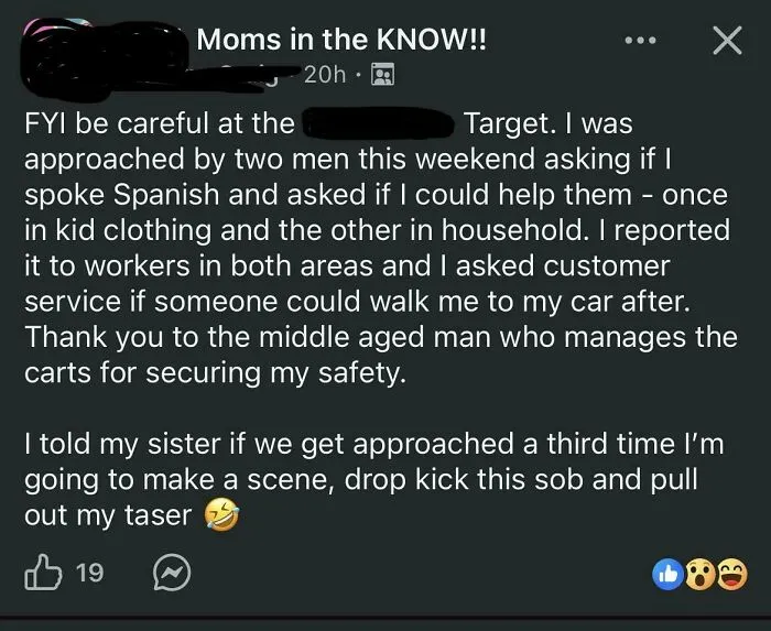 Warning about suspicious men approaching in Target store