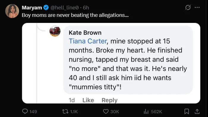 Social media post about a mother still being asked to breastfeed at age 40 boy moms topic