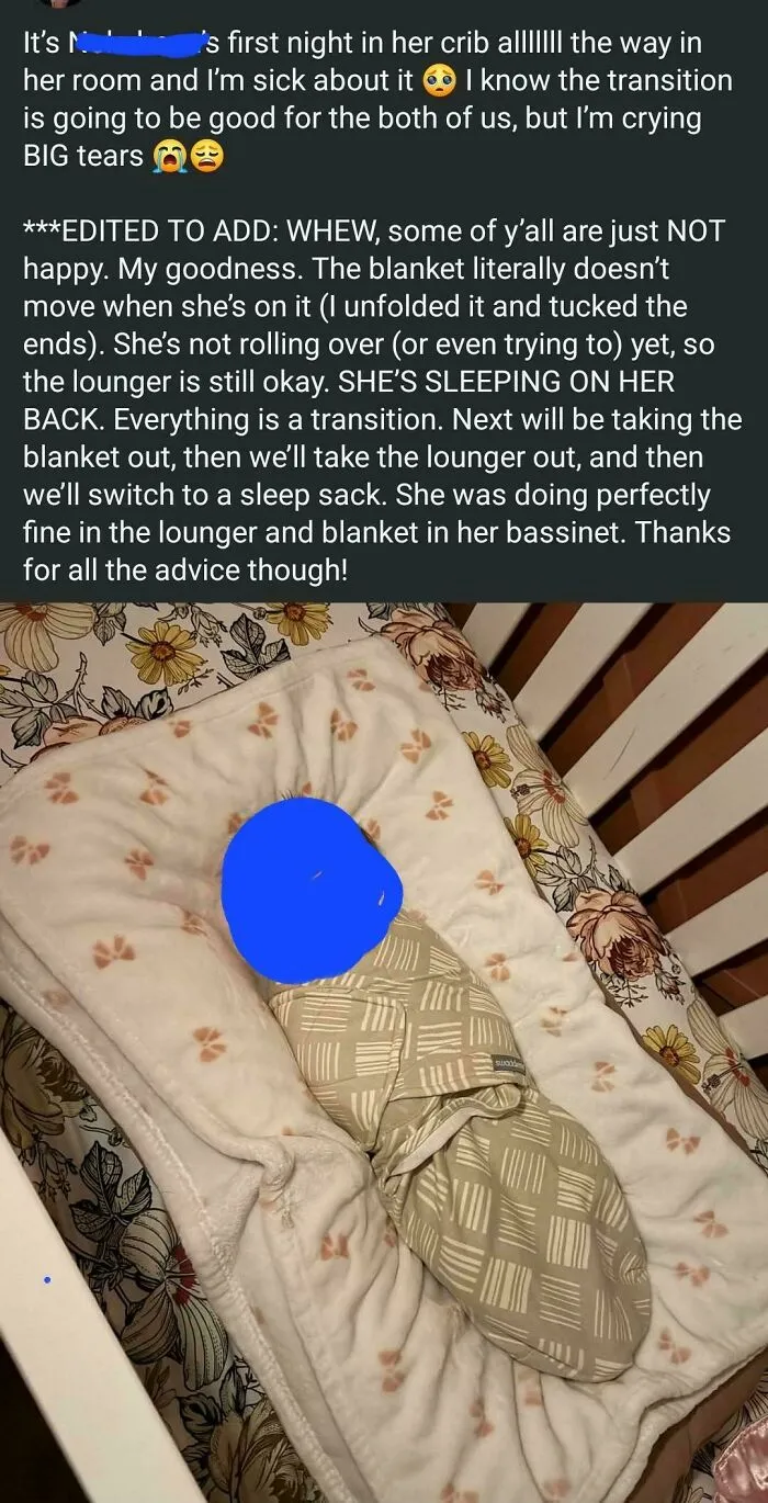 Parent shares emotions on baby transitioning to crib with swaddle and blanket in crib