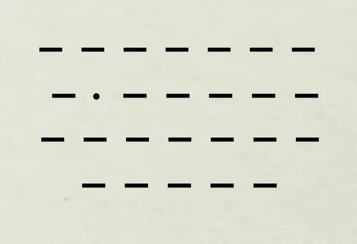 A minimalist image from the Not Interesting Community featuring a single black dot among horizontal dashes on a light background, sparking weird investment.