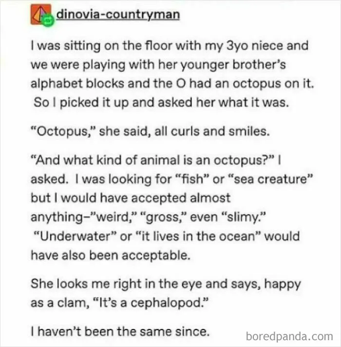 Tumblr post describing a child identifying an octopus as a cephalopod, showcasing a wild and unexpected Tumblr moment.