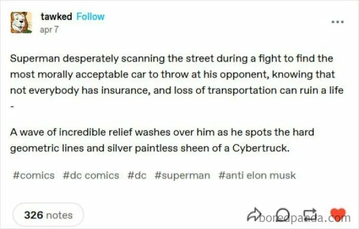 Tumblr post about Superman choosing a Cybertruck during a fight, referencing Elon Musk and Tesla’s futuristic design.