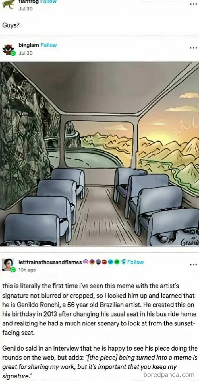 Illustration of empty bus seats facing opposite directions with rocky cliff and sunset view, Tumblr meme art.