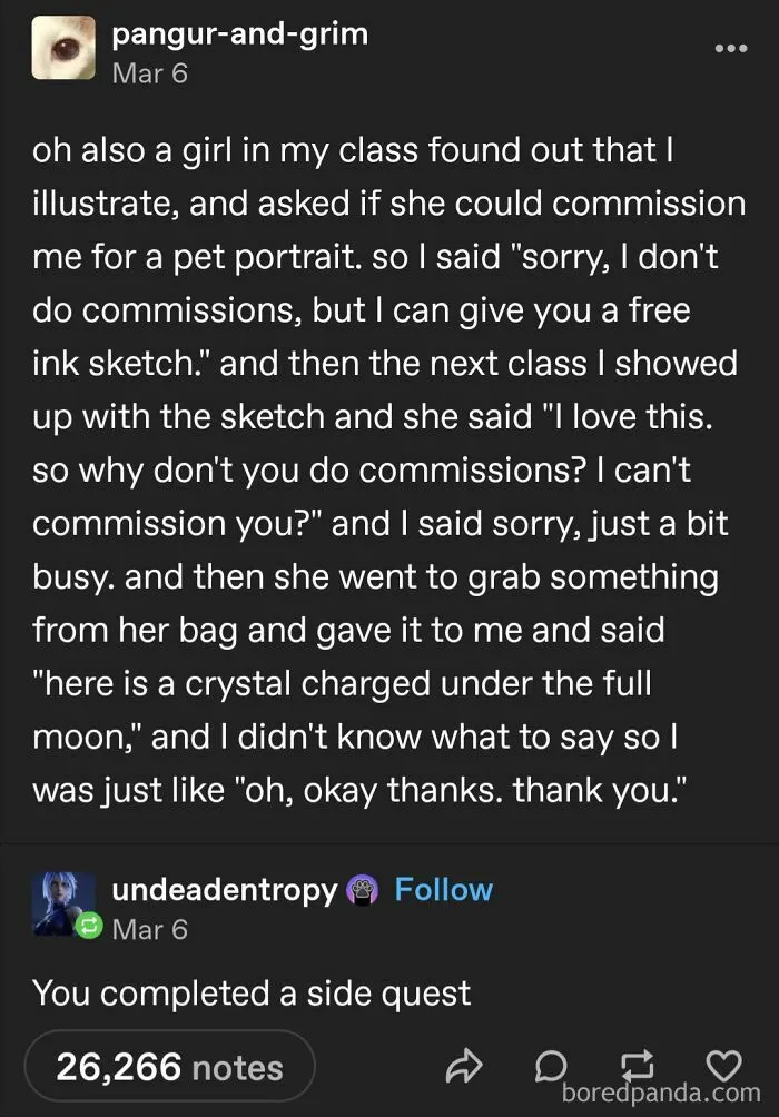 Tumblr post sharing a humorous story with over 26,000 notes, showcasing unexpected and wild Tumblr moments.