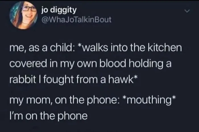 Tweet from jo diggity about a childhood story involving blood and a rabbit in unhinged and wild posts.