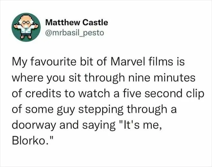 Tweet by Matthew Castle humorously describing Marvel films and a five second post-credits clip, showcasing unhinged and wild posts.