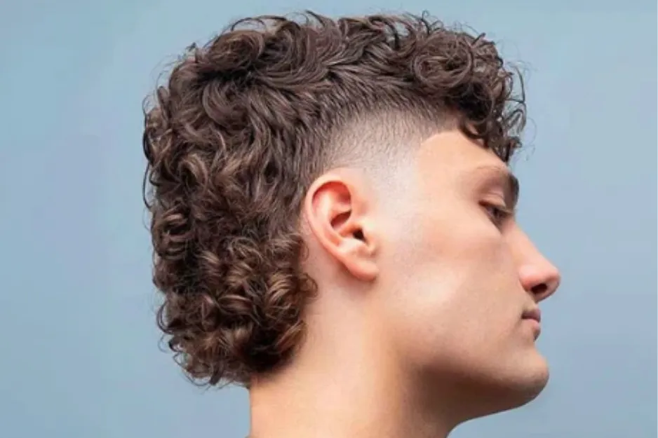 Young man with a curly mullet hairstyle, showcasing the popular 1980s men's haircut with shaved sides.