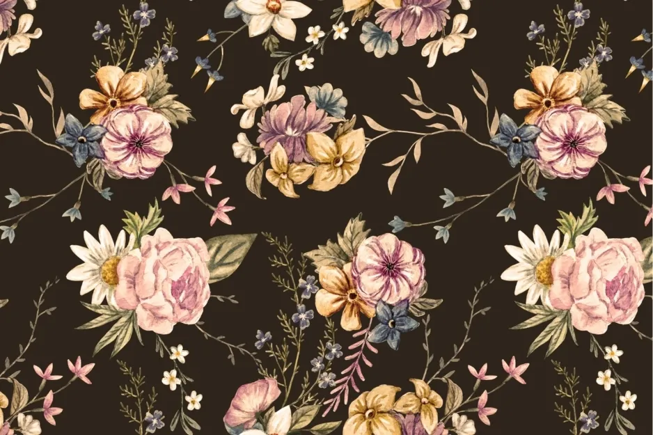 Victorian floral wallpaper pattern with pastel flowers and leaves on a dark background, a popular 1980s home design trend.