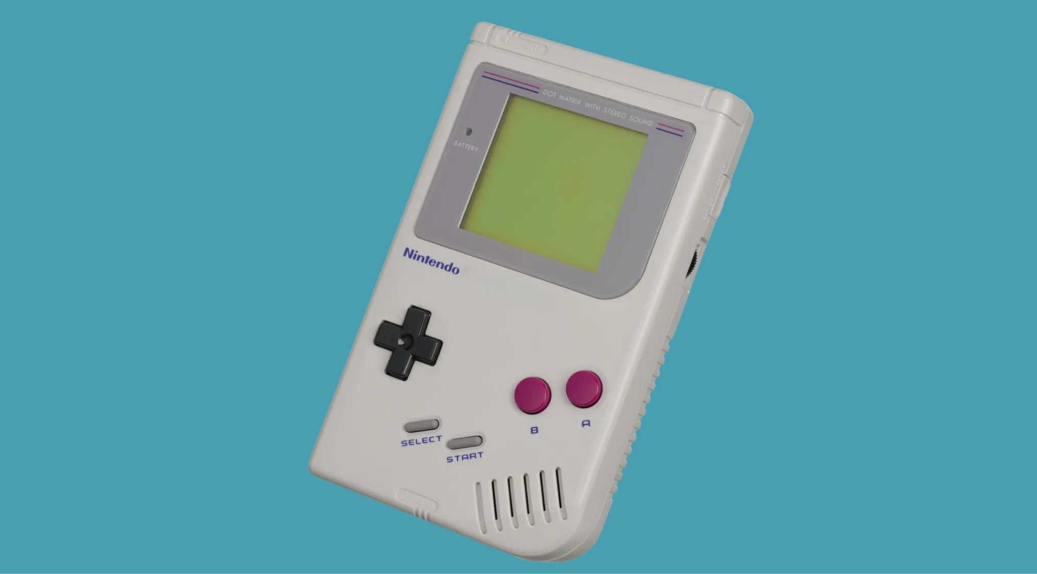 Nintendo handheld gaming device Game Boy from 1989 with buttons and screen on a blue background