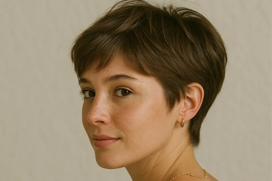 Young woman with a short pixie cut hairstyle showcasing the primary trend in women’s hairstyles during the 1980s.