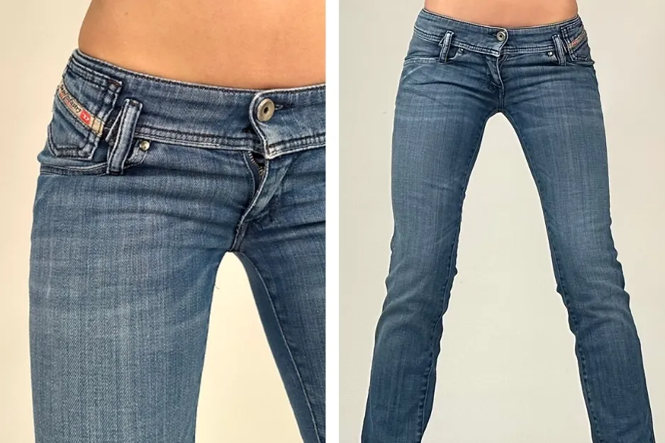 Close-up and full-length views of a person wearing low-rise jeans, showcasing the fashion trend on a neutral background.