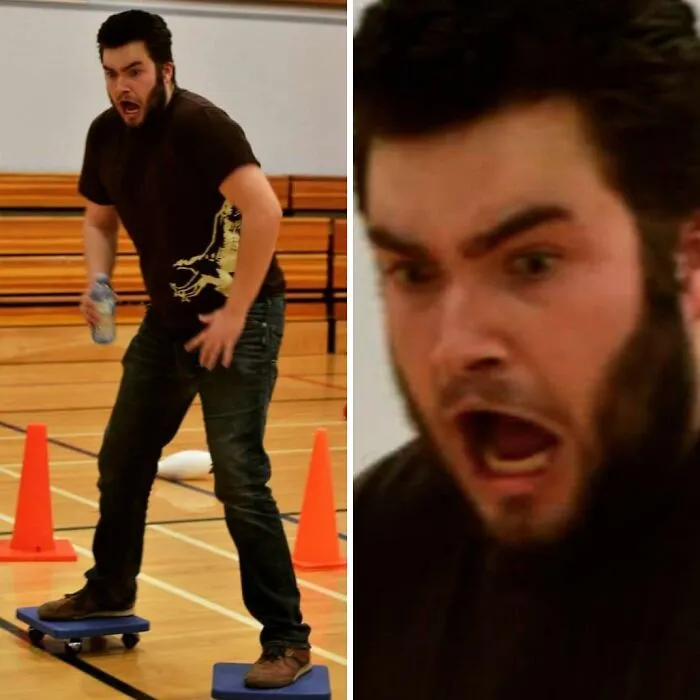 Esta foto fue tomada justo antes de que me cayera abierto de piernas, pensando que podría usarlas como patines en línea