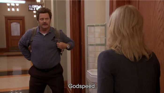 A goofy image of Ron Swanson from Parks and Recreation saying Godspeed. Wholesome and funny great dad moment.