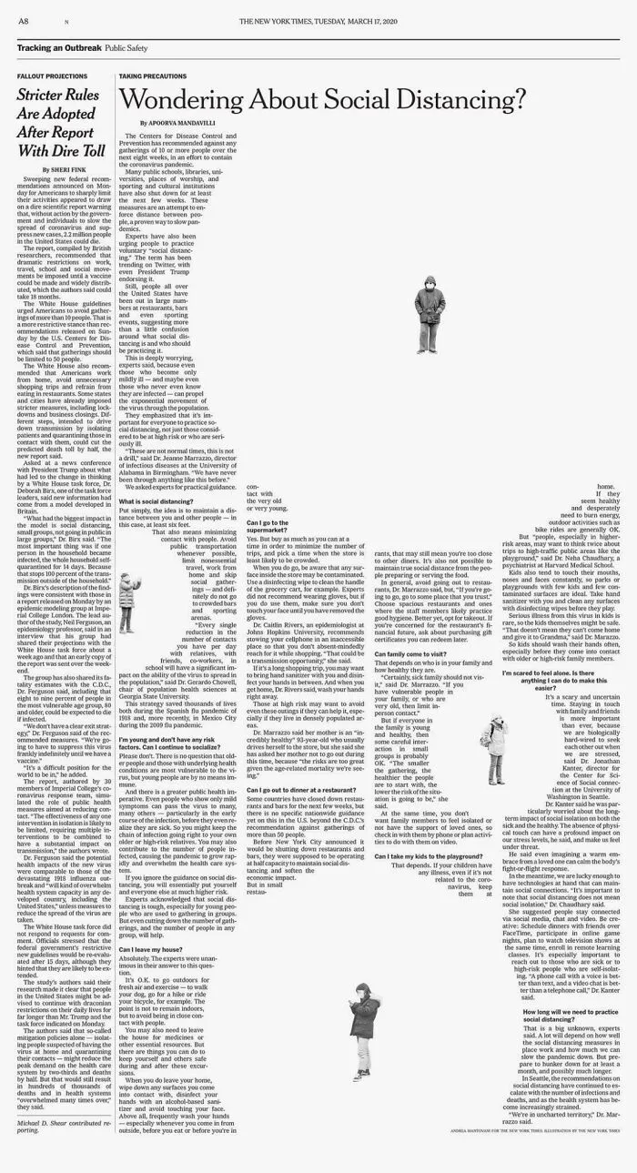 Newspaper page discussing social distancing measures during pandemic