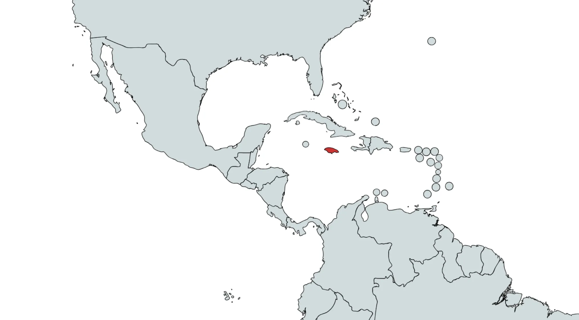 Map of countries in the Americas highlighting one Caribbean nation in red for country name identification quiz.
