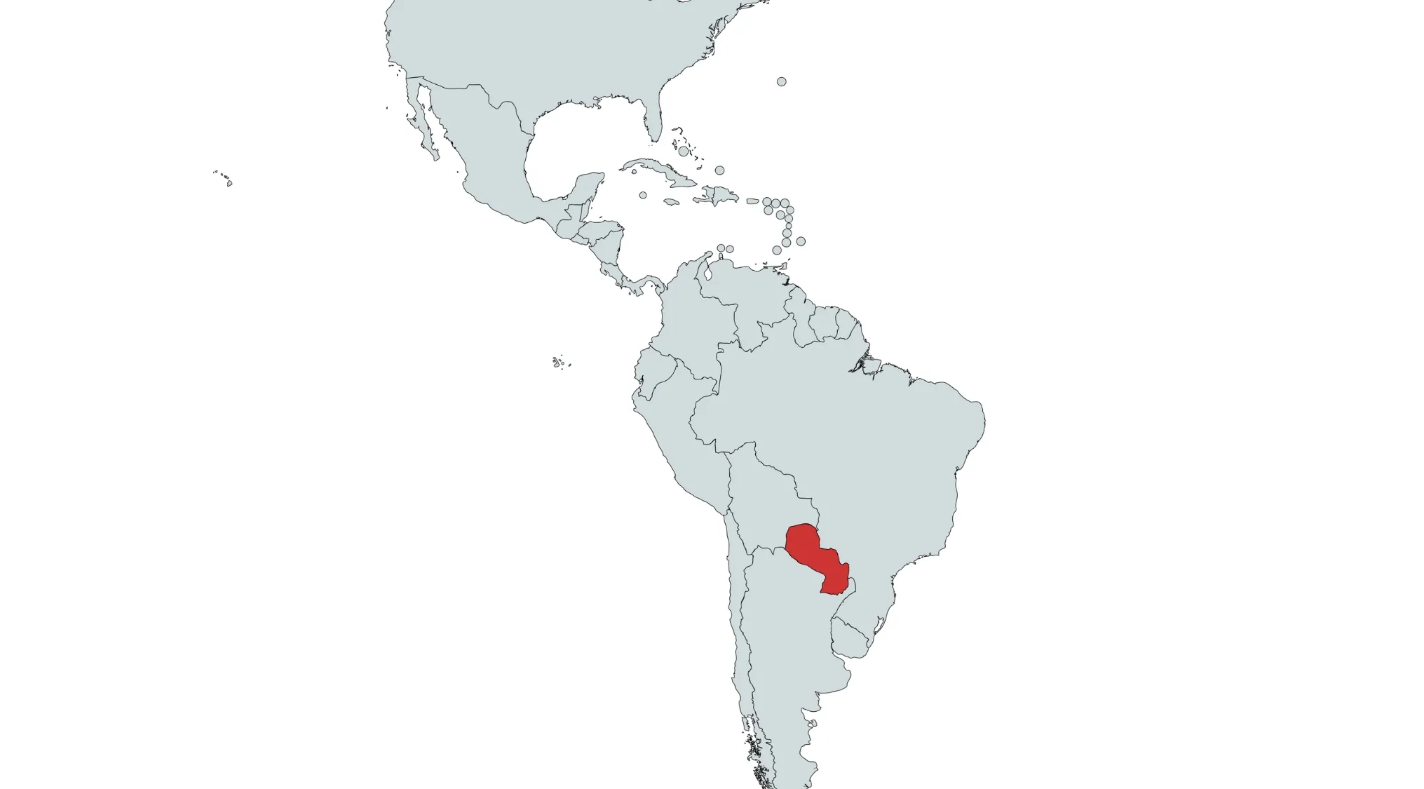 Map of the Americas with Paraguay highlighted in red among countries in the Americas.