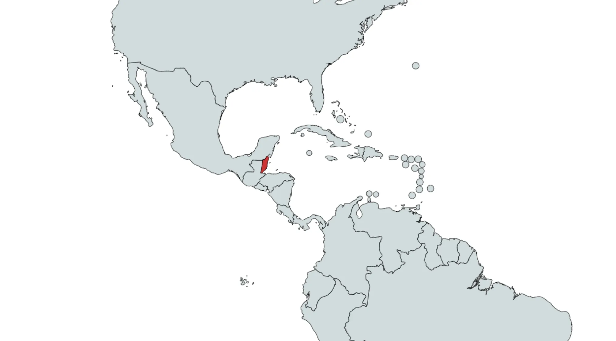 Map highlighting a country in Central America as part of the countries in the Americas quiz challenge.