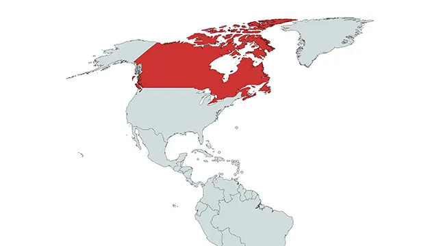 Map highlighting Canada in red, focusing on naming countries in the Americas quiz with Canada emphasized.