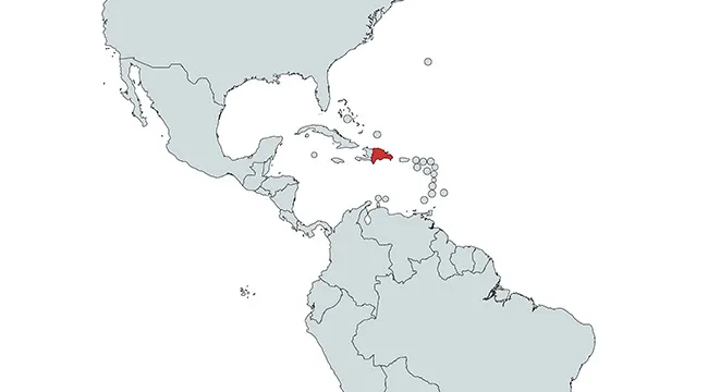 Map highlighting a country shape in the Americas, focusing on identifying countries in the Americas region.