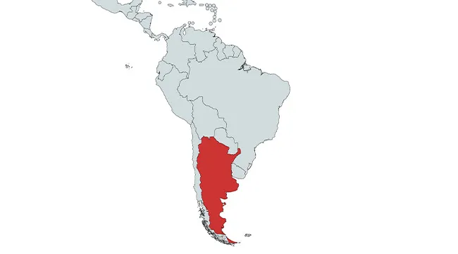 Map highlighting a country in South America in red, focusing on naming countries in the Americas quiz.