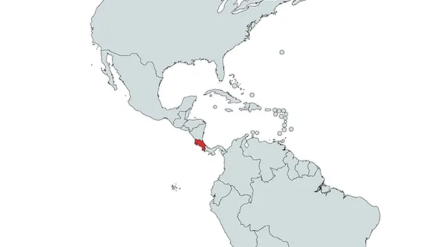 Map outline of the Americas with one country highlighted in red, challenging viewers to name all the countries in the Americas.