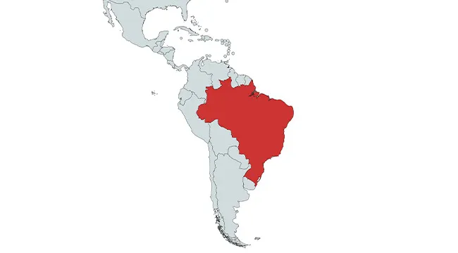Map of the Americas highlighting Brazil in red for a countries in the Americas geography guessing game.