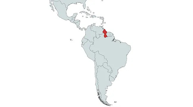 Map of the Americas with Guyana highlighted in red, prompting identification of countries in the Americas.