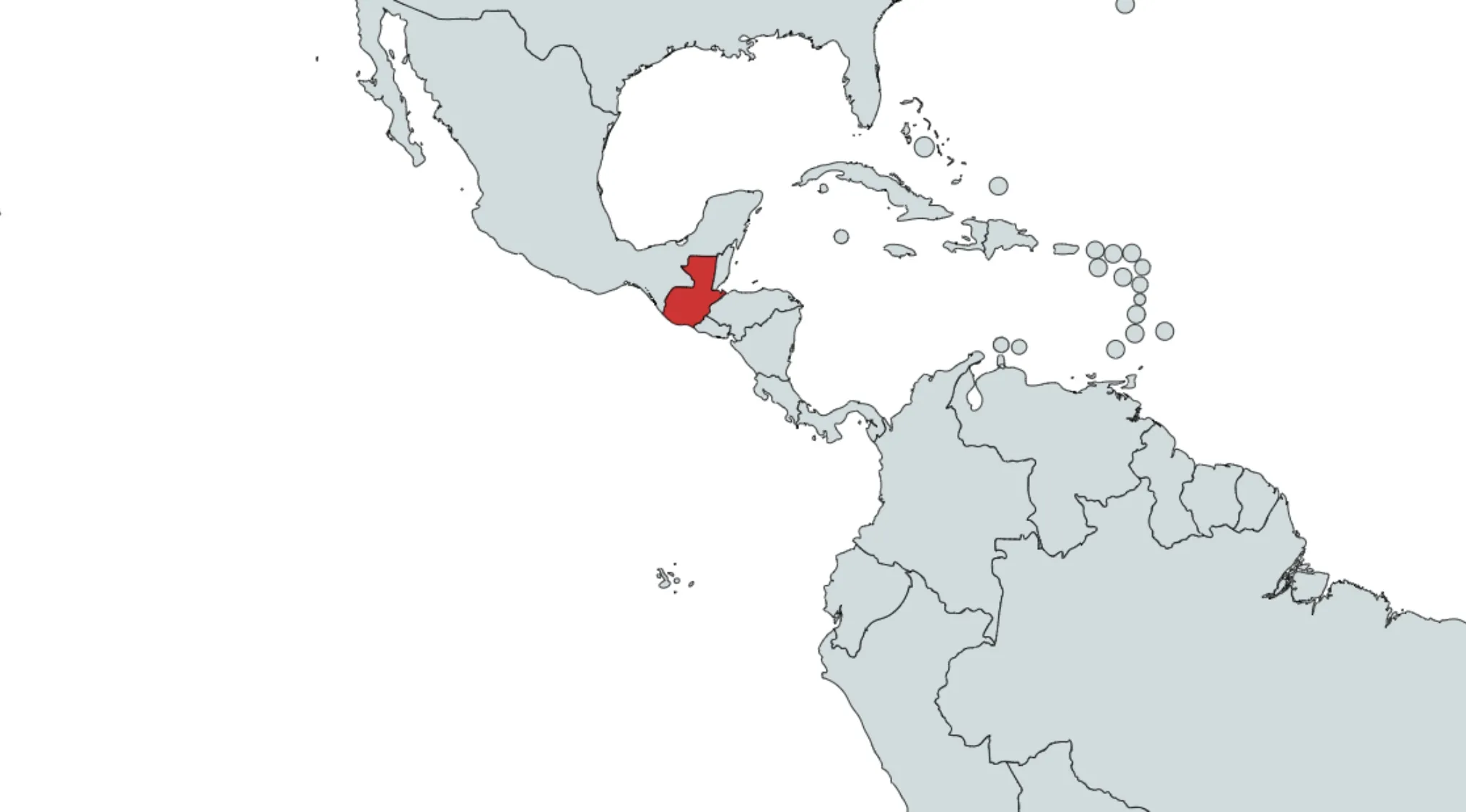 Map of the Americas highlighting the country shape of Guatemala in red among other countries.