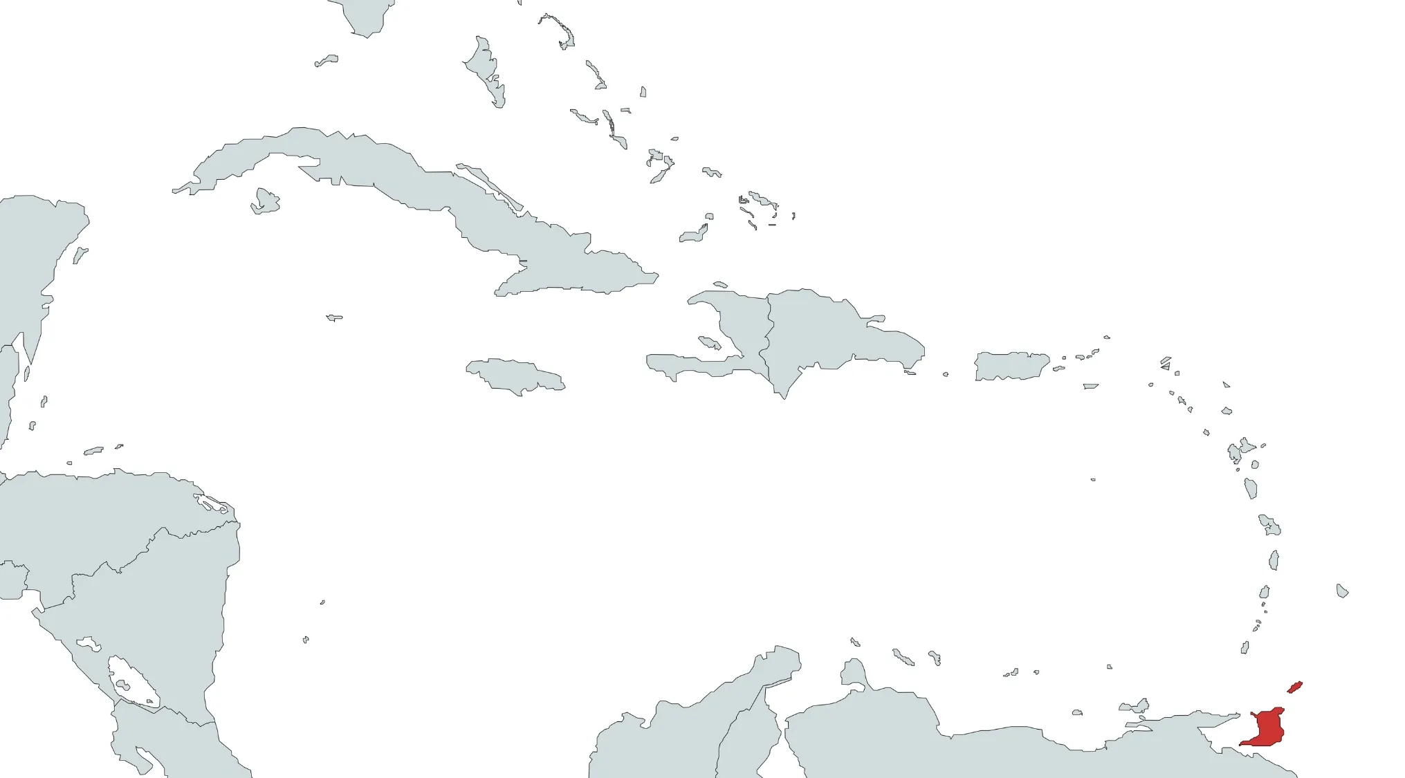 Map of countries in the Americas with one country highlighted in red in the eastern Caribbean region.