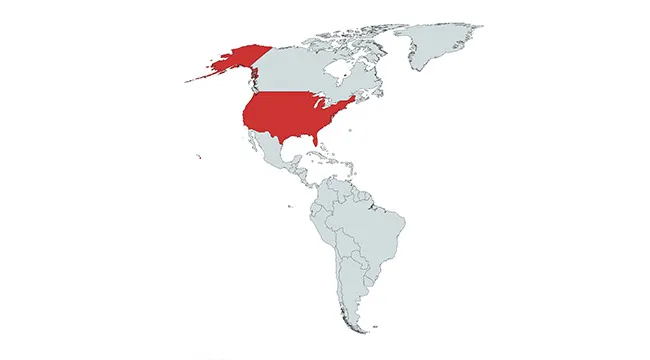 Map highlighting the United States in red among countries in the Americas for a geography quiz.
